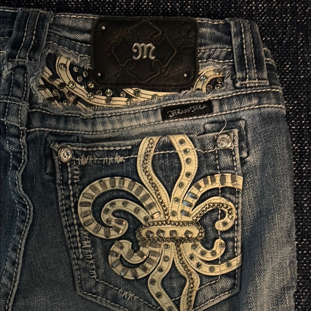 Miss Me Blue Denim Jeans with Embellished Fleur-de-Lis Pocket